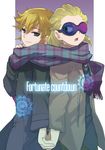  blonde_hair blue_eyes coat dylan_keith gorugon green_eyes holding_hands inazuma_eleven inazuma_eleven_(series) male_focus mark_kruger multiple_boys open_mouth scarf shared_scarf smile sunglasses unmoving_pattern yaoi 