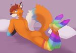  bed blue_eyes butt canine cute fox harlem inviting knee_socks legs_up looking_at_viewer looking_back lying male mammal on_front pillow rainbow rainbow_legwear rainbow_socks socks solo thigh_socks 