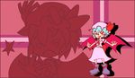  aqua_hair back_bow bad_id bad_pixiv_id bat_wings blush_stickers bow chibi crossover drop_shadow hat hat_bow highres looking_at_viewer mob_cap outstretched_arms parody pcs_shousa pink_skirt puyopuyo puyopuyo_fever red_bow red_eyes remilia_scarlet short_hair short_sleeves skirt skirt_set solo standing style_parody touhou wings 