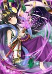  bad_id bad_pixiv_id bare_shoulders barefoot black_hair hairband hakama highres japanese_clothes katana konka long_hair looking_at_viewer purple_hakama puzzle_&amp;_dragons red_eyes skirt solo sword weapon yomi_(p&amp;d) 