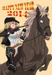  1girl 2014 blonde_hair breasts cowboy_hat gun happy_new_year hat horse large_breasts ml new_year weapon 