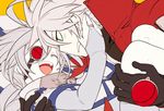  1girl :d ahoge bad_id bad_twitter_id blazblue bodysuit cape carrying eyepatch kuro_yuzu nu-13 open_mouth princess_carry ragna_the_bloodedge silver_hair smile 