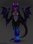  anthro bioluminescence blue_horns blue_nipples breasts character dark_skin dragon dragon_wings eliana-asato female front_view glowing grey_background hair horn long_hair long_tail looking_at_viewer nipples nude plain_background purple_eyes purple_hair simple_background solo spines standing stripes strips violet_hair wings 