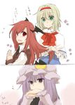  :d alice_margatroid aqua_eyes bat_wings blonde_hair blue_dress brown_dress capelet crescent dress flying_sweatdrops hairband hat head_wings highres holding holding_hair koakuma low_wings multiple_girls open_mouth patchouli_knowledge playing_with_another's_hair purple_eyes purple_hair red_eyes red_hair smile touhou translated watching wings yuuta_(monochrome) 