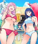  :d =_= ^_^ bad_id bad_pixiv_id banner bare_shoulders beach beer_mug bikini black_hair blue_eyes blue_hair breast_envy breasts cleavage closed_eyes cup day drill_hair earrings foam food_stand grin halter_top halterneck hand_on_hip holding holding_cup jewelry large_breasts long_hair midriff missy_(sekaiju) multiple_girls napier navel nobori open_mouth pink_hair sekaiju_no_meikyuu sekaiju_no_meikyuu_3 short_hair side-tie_bikini smile swimsuit thigh_gap tubameraamen underboob 