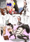  1boy 1girl 3koma ? aardwolf aardwolf_(kemono_friends) aardwolf_ears aardwolf_print aardwolf_tail all_fours animal_ears animal_print arched_back ass bangs bare_shoulders black_hair blush book book_stand breast_pocket comic commentary door elbow_gloves extra_ears eyebrows_visible_through_hair eyes_closed gloom_(expression) gloves hair_between_eyes hakumaiya high_ponytail highres hood hood_down hoodie indoors kemono_friends long_hair long_sleeves looking_at_another multicolored_hair necktie no_shoes nose_blush open_mouth pants pocket ponytail pose print_gloves print_legwear print_shirt reading seiza shirt shorts sidelocks silver_hair sitting sleeveless sleeveless_shirt smile solo_focus spoken_question_mark standing surprised tail tearing_up translation_request two-tone_hair v-shaped_eyebrows vacuum_cleaner 
