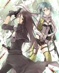  1girl androgynous anti-materiel_rifle black_eyes black_hair blue_eyes blue_hair fingerless_gloves five-seven_(gun) gloves gun handgun kirito kirito_(sao-ggo) long_hair otoko_no_ko pgm_hecate_ii pistol rifle scarf short_hair sinon sniper_rifle sol_(tvtjk7ubec) sword sword_art_online weapon 