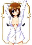  1girl areola_slip areolae arm_behind_back arm_up blue_eyes blush breasts brown_hair cleavage collarbone hair_ornament large_breasts looking_at_viewer lyrical_nanoha mahou_shoujo_lyrical_nanoha_strikers no_bra no_panties one_eye_closed shirt simple_background smile solo utanone_shion white_background yagami_hayate 