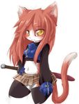  blush breasts cat chipar clothing feline female fur hair kneeling legwear long_hair looking_at_viewer mammal plain_background small_breasts solo stockings sword weapon white_background white_fur yellow_eyes 