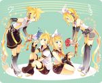  2girls akiyoshi_(tama-pete) blonde_hair blue_eyes blue_flower blue_rose bouquet brother_and_sister dual_persona eye_contact flower hair_ornament hairclip headphones kagamine_len kagamine_rin leaning_forward looking_at_another multiple_boys multiple_girls rose short_hair siblings sitting smile thighhighs twins vocaloid vocaloid_append 