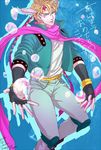  bad_id bad_pixiv_id blonde_hair bubble caesar_anthonio_zeppeli facial_mark feathers fingerless_gloves gloves green_eyes green_jacket hair_feathers headband jacket jojo_no_kimyou_na_bouken male_focus smskt_25 solo 