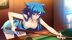  1girl amagai_yukino bare_shoulders bent_over billiards blue_hair breasts cleavage cue_stick dress game_cg haga_neko highres legs long_hair looking_down medium_breasts pool_table serious thighs tsuyokiss_next_shokaiban vending_machine yellow_eyes 