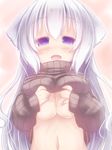  bad_id bad_pixiv_id blush breasts clothes_lift fangs large_breasts long_hair looking_at_viewer navel nightmare_cat open_mouth original purple_eyes ribbed_sweater shirt_lift solo sweater sweater_lift turtleneck white_hair 