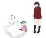  ayase_fuuka blush boots brown_hair child coat eyebrows gloves green_hair jinroku koiwai_yotsuba mittens multiple_girls quad_tails scarf short_hair skirt smile snow snowman thick_eyebrows winter_clothes yotsubato! 