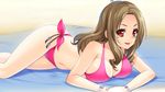  1girl amagai_yukino bare_shoulders bikini breasts brown_hair cleavage game_cg highres large_breasts legs long_hair looking_at_viewer lying on_stomach red_eyes sand smile solo swimsuit thighs tsuyokiss_next_shokaiban 