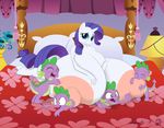  2014 absurd_res anjuneko anthro anthrofied bed big_breasts blue_eyes breasts dragon equine female friendship_is_magic fur green_eyes group hair hi_res horn horse huge_breasts hyper hyper_breasts inside lying male mammal my_little_pony nipples on_front pillow pony purple_hair rarity_(mlp) signature smile spike_(mlp) unicorn white_fur 