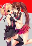  ;d blonde_hair brown_hair elbow_gloves finger_to_mouth frills gloves green_eyes hug kamikita_komari little_busters! long_hair masayu midriff mouth_hold multiple_girls natsume_rin one_eye_closed open_mouth ponytail red_eyes skirt smile thighhighs twintails 