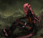  black_horns blood cloud clouds dragon eliana-asato female glowing hair horn long_hair mountain orange_eyes pink_hair pink_skin sad sitting sky stones stripes strips 