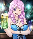  ;d bad_id bad_pixiv_id beer_mug breasts cleavage cup drill_hair foam holding holding_arm holding_cup jewelry large_breasts missy_(sekaiju) necklace one_eye_closed open_mouth pink_hair purple_eyes sekaiju_no_meikyuu sekaiju_no_meikyuu_3 smile solo tubameraamen 