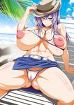  1girl areolae beach blue_eyes blush breasts cardfight!!_vanguard cleavage deck_chair erect_nipples female hat huge_breasts long_hair nipples panties puffy_nipples purple_hair shiny shiny_skin sitting smile spread_legs t-heaven thick_thighs thighs tokura_misaki underwear 