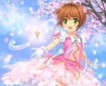  brown_hair card_captor_sakura cherry_blossoms dress gloves green_eyes kinomoto_sakura moonknives possible_duplicate short_hair twintails 