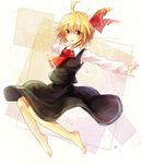  ascot barefoot blonde_hair hair_ribbon long_sleeves open_mouth outstretched_arm red_eyes ribbon rumia shirt skirt skirt_set smile solo suzuna_(mark_of_luck) touhou vest 