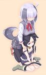 ahoge animal_ears bell bell_collar black_hair blue_eyes breast_rest breasts breasts_on_head cat_ears cat_tail clenched_teeth collar dog_ears dog_tail flat_chest leggings long_hair medium_breasts mofu multiple_girls original sandals short_hair silver_hair tail teeth toes 
