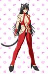  absurdres alternate_costume animal_ears antenna_hair black_hair black_panties breasts bridal_gauntlets brown_eyes cat_ears cat_tail earrings halterneck high_heels highres jewelry kemonomimi_mode large_breasts long_hair m.u.g.e.n original panties samuimu scar sendai_hakurei_no_miko solo tail thong touhou underwear 