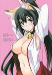  absurdres animal_ears arms_up bell bell_collar black_choker black_hair blush breasts choker cleavage closed_mouth collar collarbone cowboy_shot detached_sleeves doujinshi fox_ears highres infinite_stratos japanese_clothes kemonomimi_mode kimono large_breasts long_hair looking_at_viewer miko navel no_bra open_clothes open_kimono open_mouth pink_background pleated_skirt purple_eyes red_skirt scan shinonono_houki simple_background sketch skirt solo stretch translation_request yamaki_suzu 