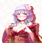  bare_shoulders blue_eyes blush bow braid breasts cleavage flower hair_bow hair_flower hair_ornament highres izayoi_sakuya japanese_clothes kimono large_breasts looking_at_viewer short_hair silver_hair solo takahero touhou twin_braids 