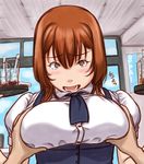  blush breast_grab breasts brown_eyes brown_hair drink drinking_straw grabbing highres kamisuki large_breasts looking_at_viewer necktie open_mouth original solo_focus tray waitress 