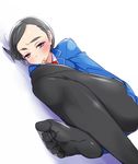  black_hair blazer embarrassed eyebrows feet idolmaster idolmaster_cinderella_girls jacket kawaty legs lying matsuo_chizuru no_shoes on_side pantyhose short_hair solo 