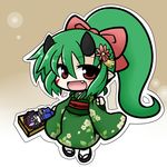  chibi fang furisode green_eyes green_hair hagoita hair_ribbon horns japanese_clothes kimono long_hair open_mouth paddle pixiv_fantasia pixiv_fantasia_new_world pointy_ears ponytail ribbon sandals sleeves_past_wrists smile yanagi_(nurikoboshi) 