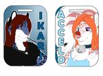  accelo accelo_(character) badge bell blue_eye blue_eyes blue_fur clothing collar duo eyewear fangs feline fur ginger_hair glasses hair heterochromia leopard locket male mammal necklace orange_hair pink_fur purple_eye red_hair strawberry stylus vest white_fur 