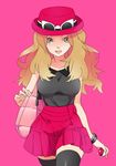  bad_id bad_pixiv_id bag banned_artist blonde_hair breasts eyewear_on_head grey_eyes handbag hat holding holding_poke_ball large_breasts long_hair pleated_skirt poke_ball pokemon pokemon_(game) pokemon_xy serena_(pokemon) skirt sleeveless solo sunglasses thighhighs tribute zettai_ryouiki 