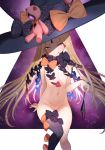  1girl abigail_williams_(fate/grand_order) black_bow black_hat black_legwear black_panties blonde_hair bow bug butterfly closed_mouth fate/grand_order fate_(series) flat_chest hat head_tilt holding holding_panties insect keyhole licking_lips long_hair looking_at_viewer matanonki naughty_face navel nude orange_bow panties panties_removed polka_dot polka_dot_bow purple_background red_eyes ribs single_thighhigh sitting smile solo striped striped_legwear stuffed_toy thighhighs tongue tongue_out underwear very_long_hair white_background witch_hat 