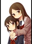  black_hair blazer blush bow bowtie brown_eyes brown_hair cardigan collarbone hachiko_(hati12) hands_on_another's_chest head_rest hug hug_from_behind jacket light_smile long_hair looking_at_viewer multiple_girls original school_uniform short_hair simple_background white_background yuri 