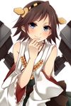  bare_shoulders blue_eyes blush brown_hair cannon detached_sleeves hairband headgear hiei_(kantai_collection) japanese_clothes kantai_collection nontraditional_miko plaid short_hair skirt smile solo turret yamasuta 