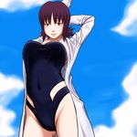  arm_behind_head arm_up blue_sky breasts brown_eyes cameltoe cloud day highres kamisuki labcoat large_breasts looking_down one-piece_swimsuit pokemon pokemon_(anime) purple_hair short_hair sky smile solo swimsuit uchikido_(pokemon) 