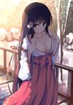  breasts brown_eyes brown_hair cleavage hakama highres japanese_clothes kimono large_breasts long_hair miko no_bra open_clothes open_kimono original railing red_hakama ribbon-trimmed_sleeves ribbon_trim shirotaso0818 snow solo sweat very_long_hair 