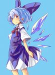  blue_background blue_eyes blue_hair bow cirno dress hair_bow highres numa_(minus_4k) pointy_ears short_hair simple_background sketch solo touhou wings 