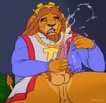  balls barbs beard biceps clothed clothing crown cum cumshot facial_hair feline king king_richard lion male mammal mane masturbation muscles open_mouth orgasm penis pubes robin_hood_(disney) royalty sharp_teeth solo tarolyon teeth tongue vein 