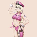  adapted_uniform aegis_(nerocc) bare_shoulders baton bikini_bottom blonde_hair breasts collarbone crop_top crossdraw_holster gun hand_on_hip handgun hat holster large_breasts long_hair marian_e_carl md5_mismatch midriff navel noble_witches o-ring o-ring_bottom pink_bikini_bottom pistol police_badge police_hat purple_eyes solo tattoo underboob weapon world_witches_series wrist_cuffs 