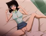  1girl blue_eyes blush breasts brown_hair censored circle_anco covered_nipples erect_nipples large_breasts mazaki_anzu open_mouth penis pussy sex skirt smile v vaginal yu-gi-oh! yuu-gi-ou_duel_monsters 