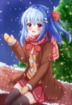  1girl :d bangs blue_hair blush bow breath brick_wall brown_coat brown_legwear brown_mittens christmas christmas_ornaments christmas_tree coat commentary_request duffel_coat eyebrows_visible_through_hair fang hair_between_eyes hair_bow hair_ornament hairclip hand_up kedama_(kedama_akaza) long_hair long_sleeves mittens one_side_up open_clothes open_coat open_mouth original pink_scarf plaid plaid_scarf purple_eyes red_bow red_skirt scarf sitting skirt smile snow snowing solo sweater_vest thighhighs winter 