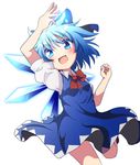  arm_up blue_dress blue_eyes blue_hair bow cirno do_(4-rt) dress fang hair_bow highres ice ice_wings open_mouth puffy_sleeves shirt short_sleeves simple_background smile solo touhou white_background wings 