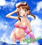  bikini breasts brown_eyes brown_hair character_name covered_nipples diving_mask highres idolmaster idolmaster_cinderella_girls innertube katagiri_sanae large_breasts long_hair low_twintails ocean one_eye_closed salamander_(team_7th) smile solo sparkle sun swimsuit twintails water 