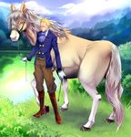  blonde_hair boots fate/zero fate_(series) horse jodhpurs kayneth_el-melloi_archibald kurisu_mkdan male_focus riding_crop solo 