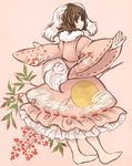  adapted_costume animal_ears barefoot brown_hair bunny_ears dress floral_print inaba_tewi inazakura00 long_sleeves looking_at_viewer looking_back outstretched_arms pink_background pink_dress red_eyes solo spread_arms touhou wide_sleeves 