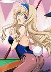  :d absurdres animal_ears ass bare_back bare_shoulders black_legwear blonde_hair blue_eyes blue_leotard breasts bunny_ears bunny_girl bunnysuit cecilia_alcott cue_stick doujinshi fake_animal_ears highres infinite_stratos large_breasts leotard long_hair open_mouth pantyhose pool_table scan smile solo yamaki_suzu 